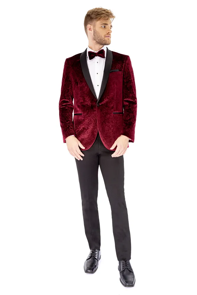 Burgundy velvet dinner jacket for prom
